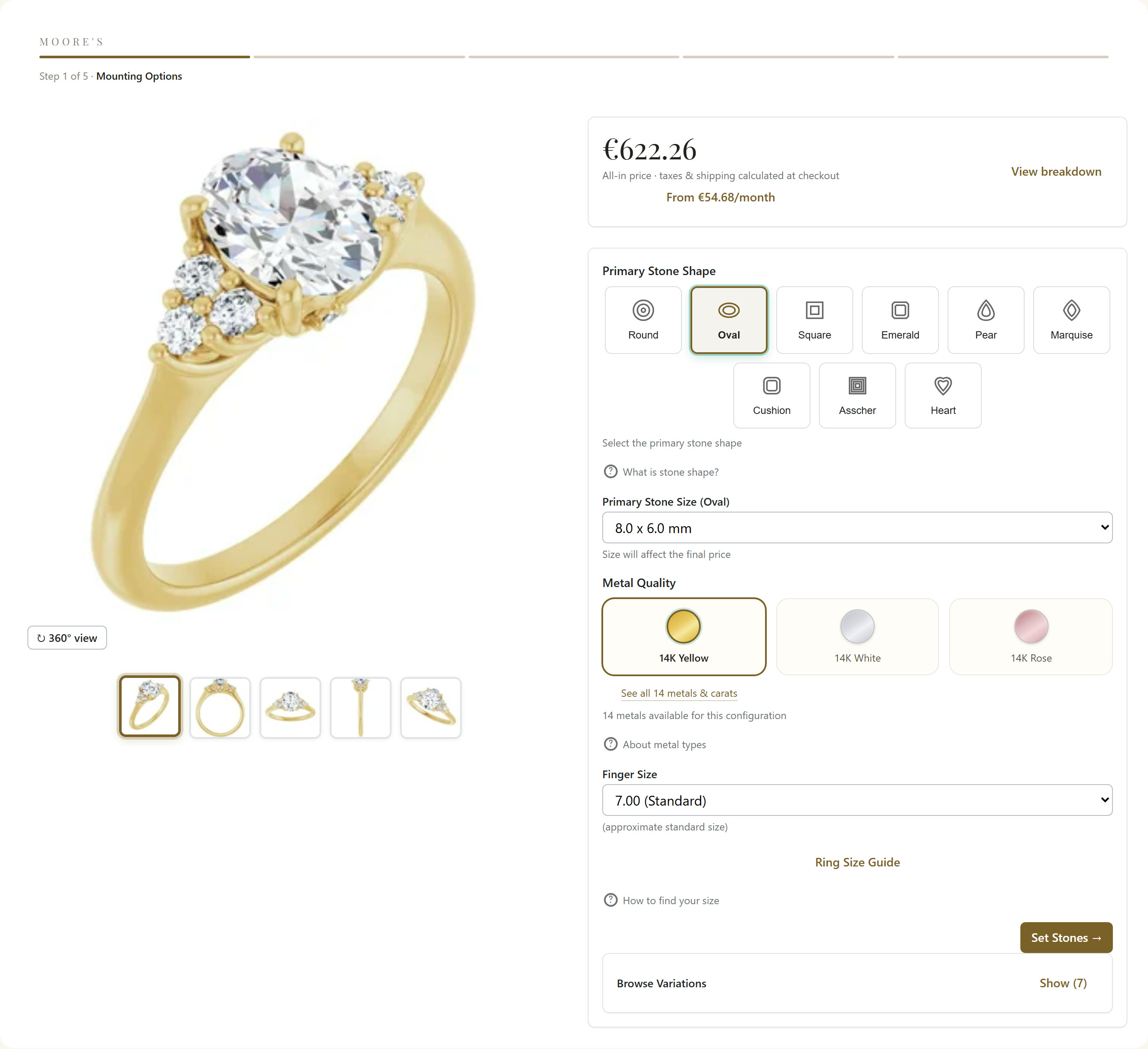 The Lustriel configurator showing an oval three-stone engagement ring in yellow gold, with shape and metal options and a live €622.26 price.