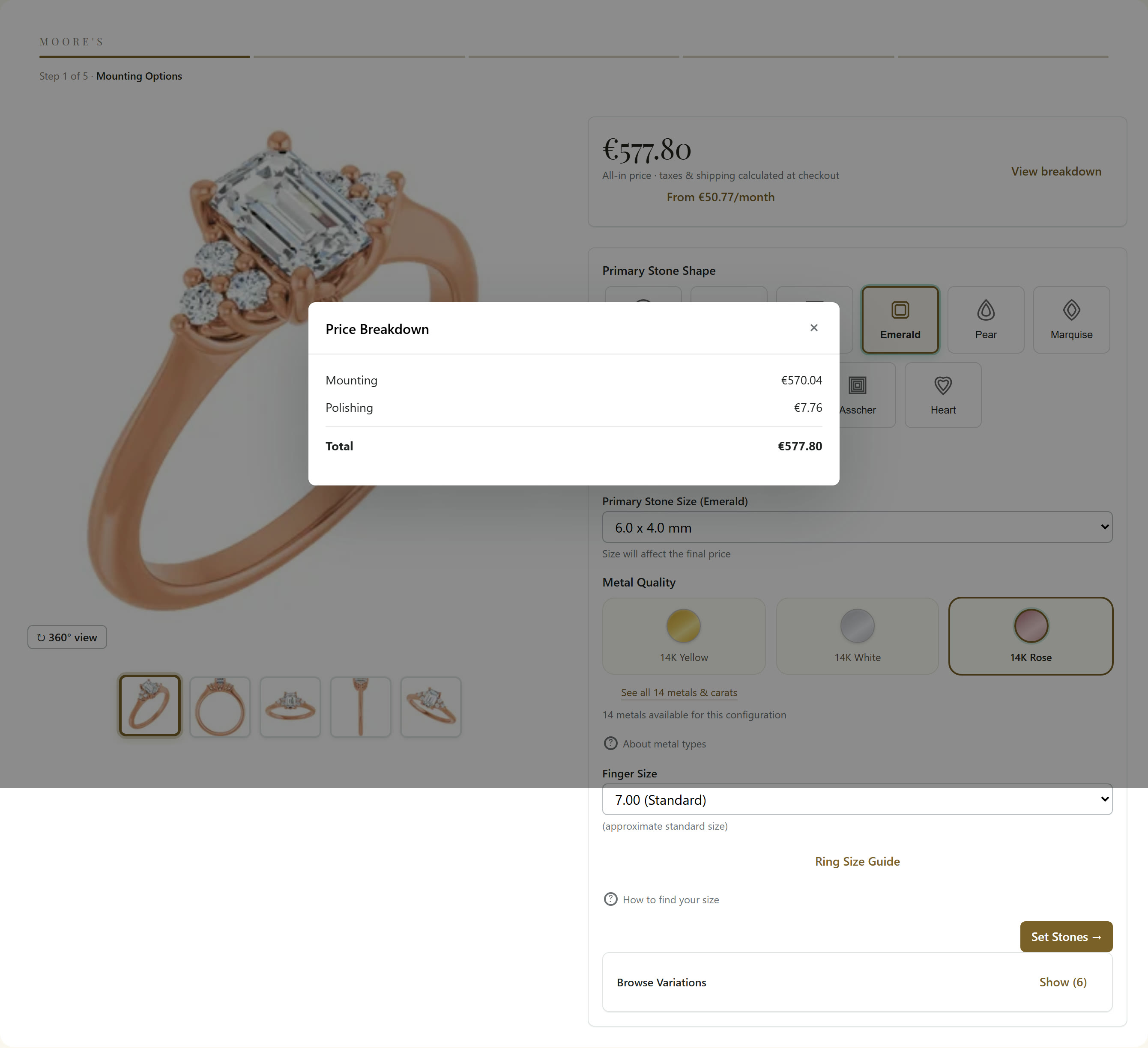 A price breakdown panel itemising mounting and polishing into an all-in total of €577.80 over a rose gold emerald ring.